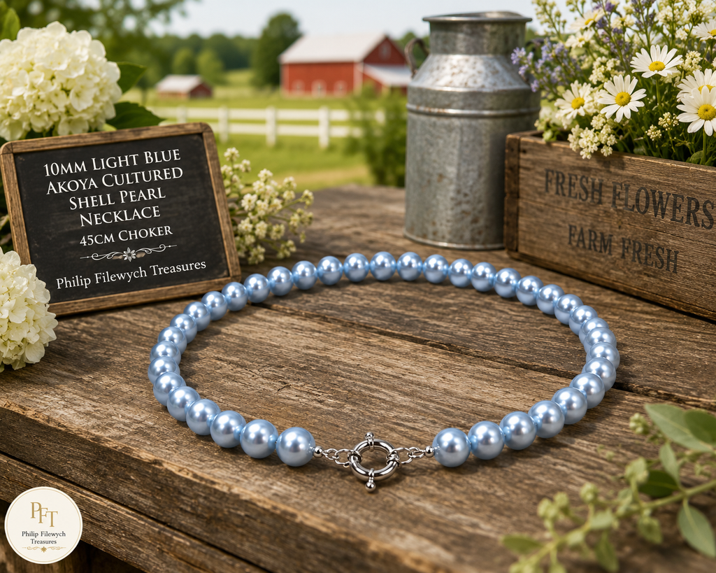 Pearl-31--10mm Light Blue Akoya Cultured Shell Pearl Necklace
