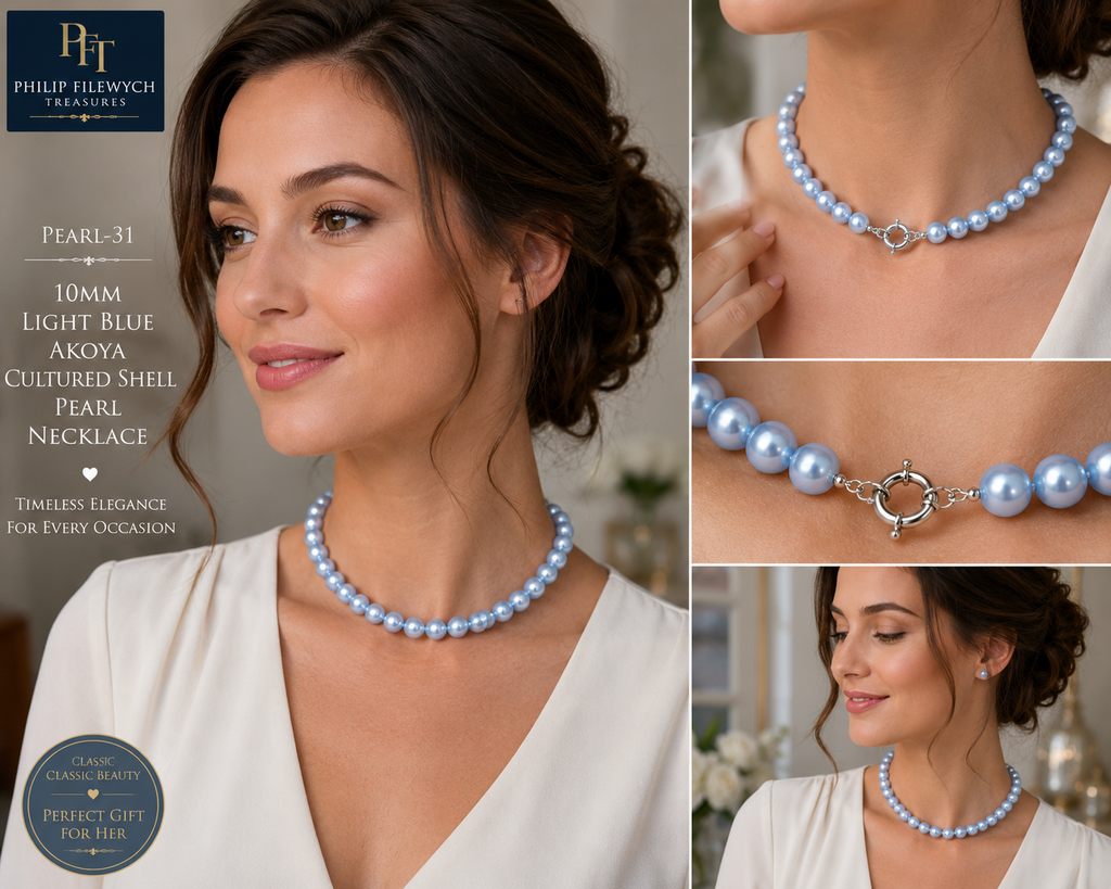 Pearl-31--10mm Light Blue Akoya Cultured Shell Pearl Necklace