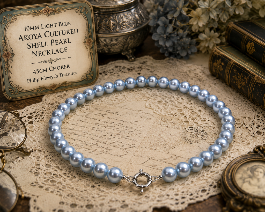 Pearl-31--10mm Light Blue Akoya Cultured Shell Pearl Necklace