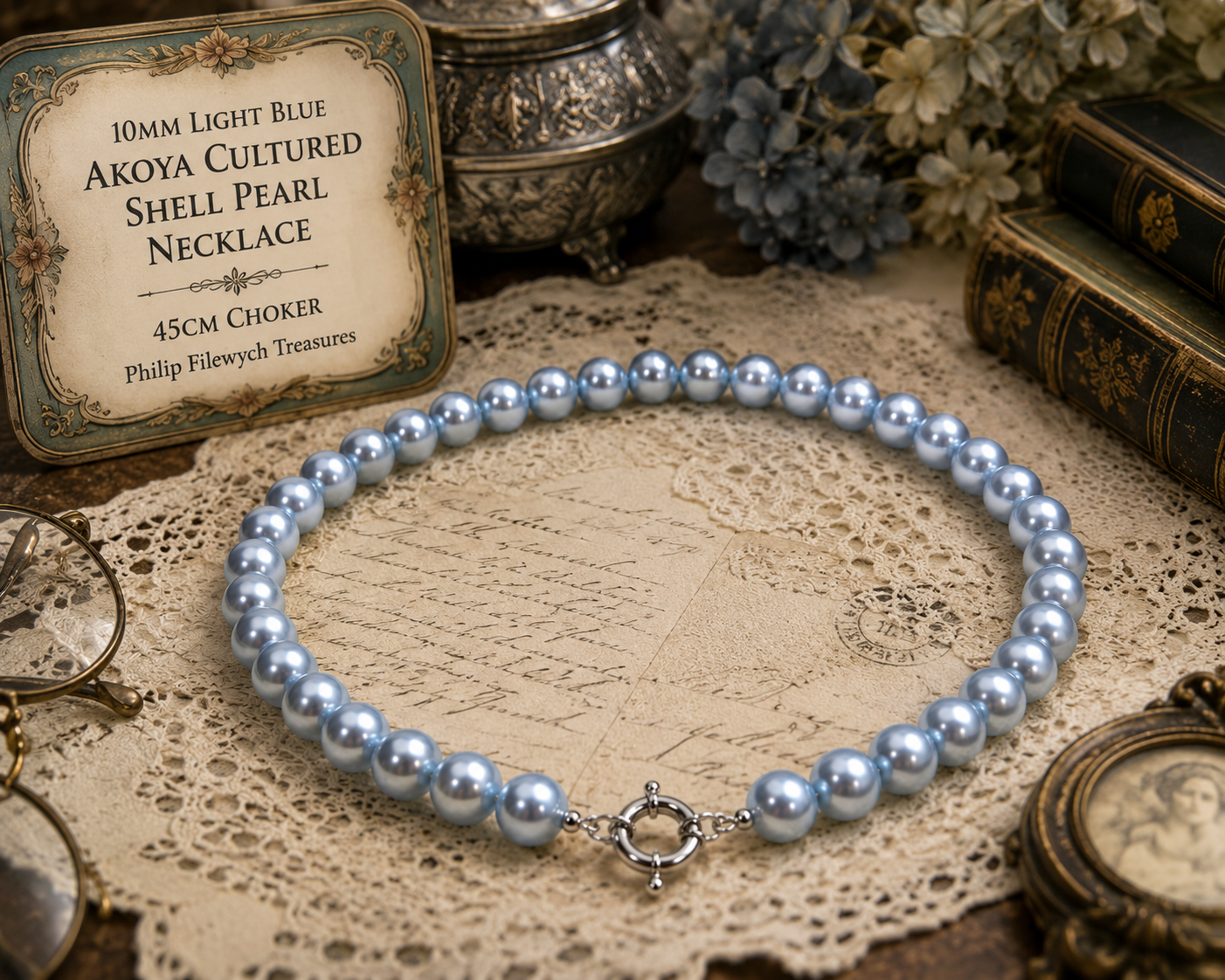 Pearl-31--10mm Light Blue Akoya Cultured Shell Pearl Necklace
