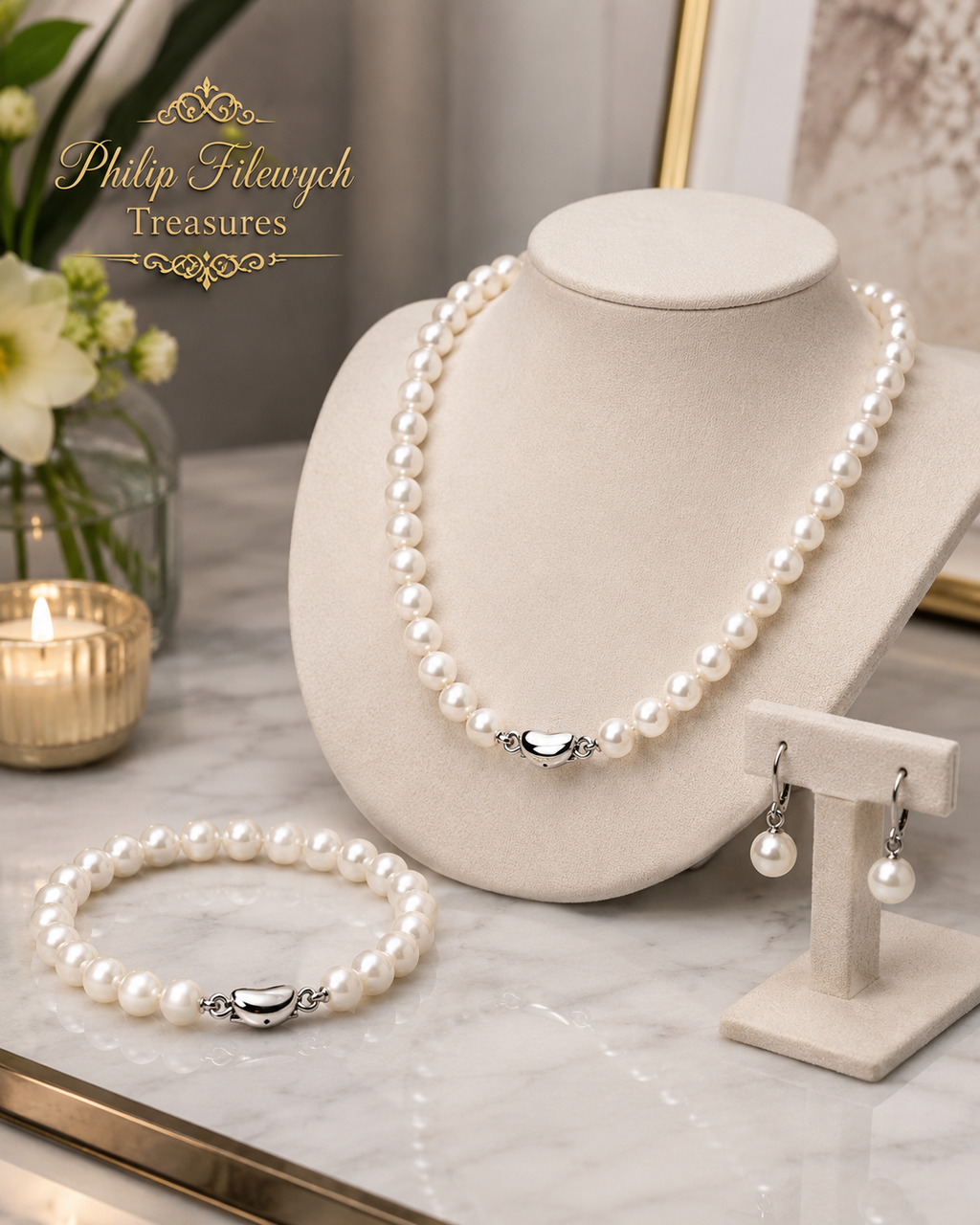 Pearl-31--White Freshwater Pearl Jewelry Set 6–7mm — 18" Necklace, 7.5–8" Bracelet & Matching Earrings
