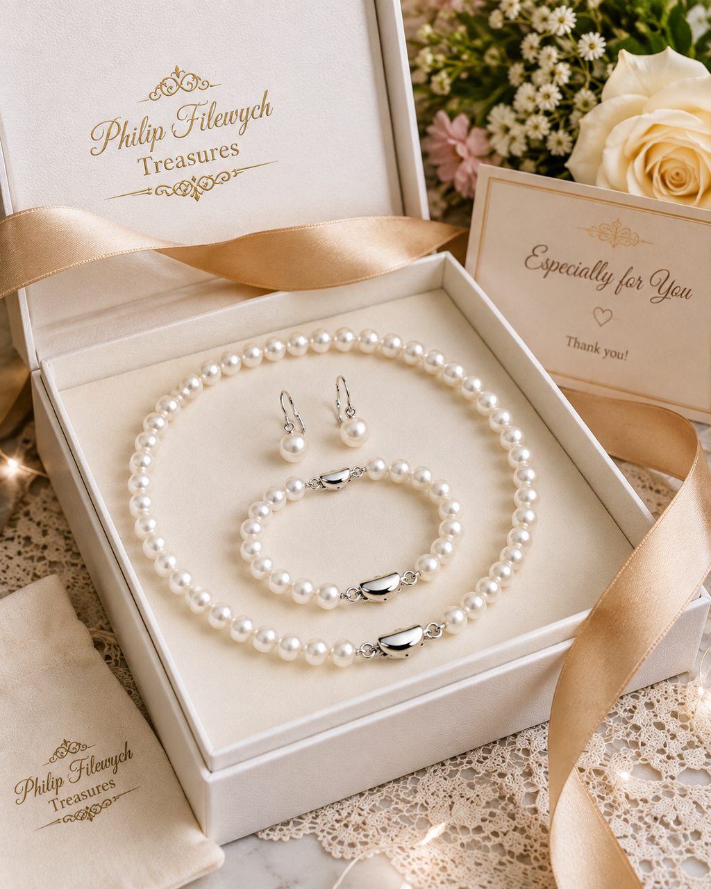 Pearl-31--White Freshwater Pearl Jewelry Set 6–7mm — 18" Necklace, 7.5–8" Bracelet & Matching Earrings