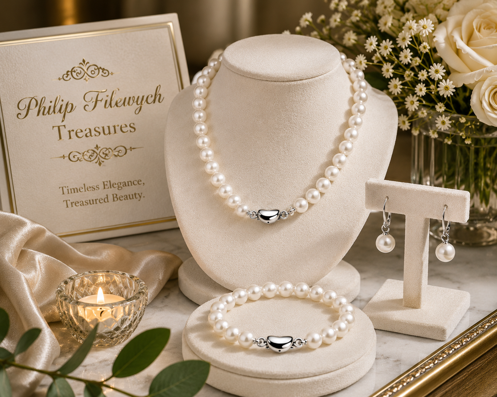 Pearl-31--White Freshwater Pearl Jewelry Set 6–7mm — 18" Necklace, 7.5–8" Bracelet & Matching Earrings