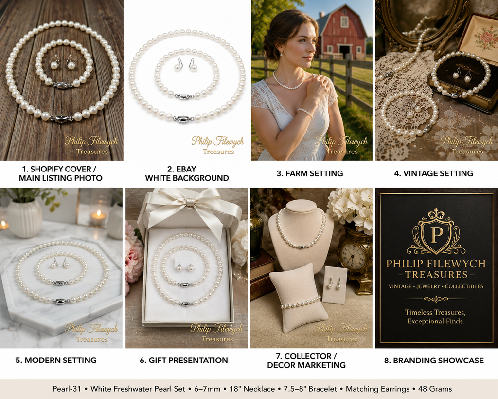 Pearl-31--White Freshwater Pearl Jewelry Set 6–7mm — 18" Necklace, 7.5–8" Bracelet & Matching Earrings
