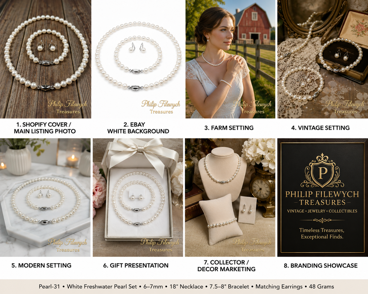 Pearl-31--White Freshwater Pearl Jewelry Set 6–7mm — 18" Necklace, 7.5–8" Bracelet & Matching Earrings