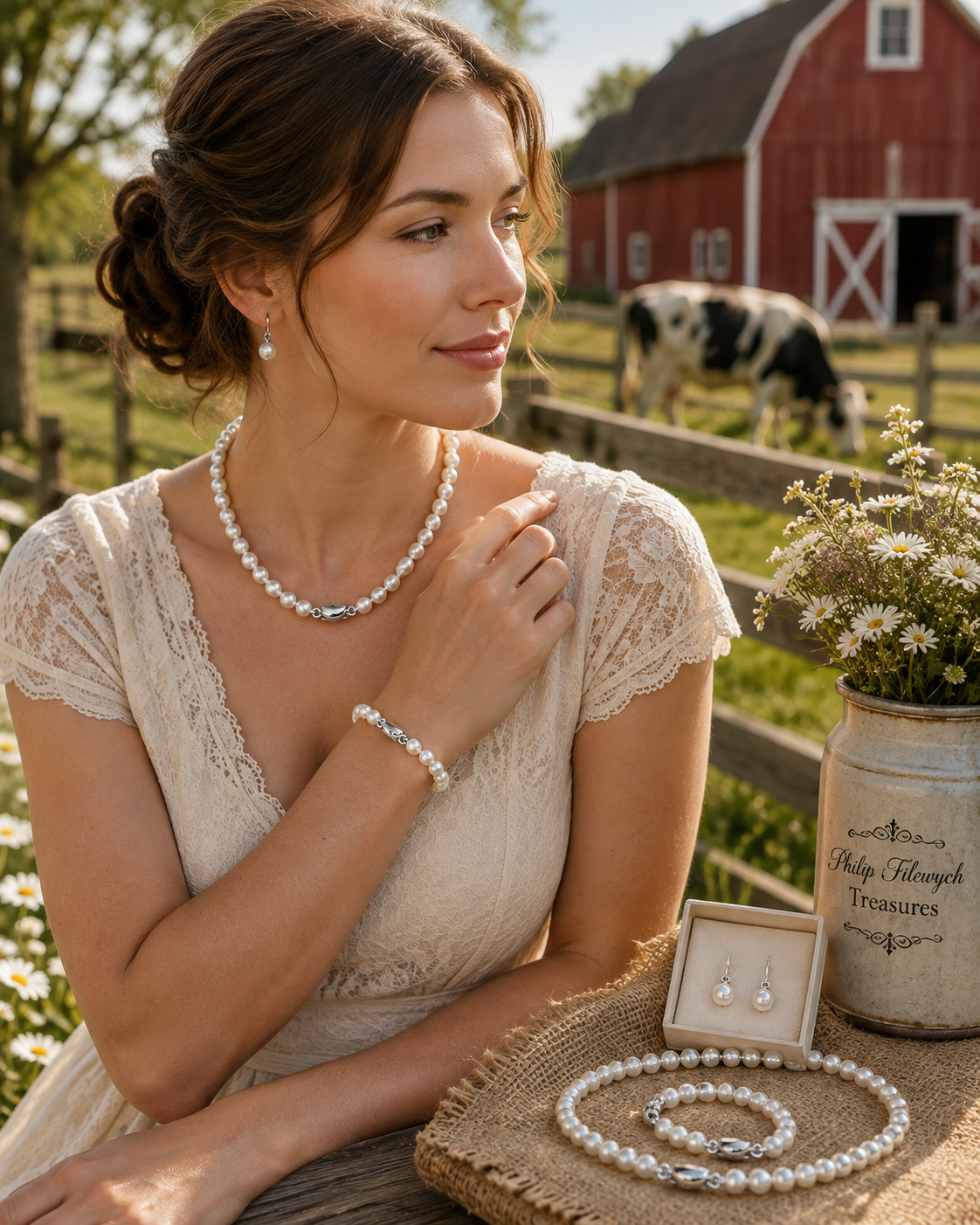 Pearl-31--White Freshwater Pearl Jewelry Set 6–7mm — 18" Necklace, 7.5–8" Bracelet & Matching Earrings