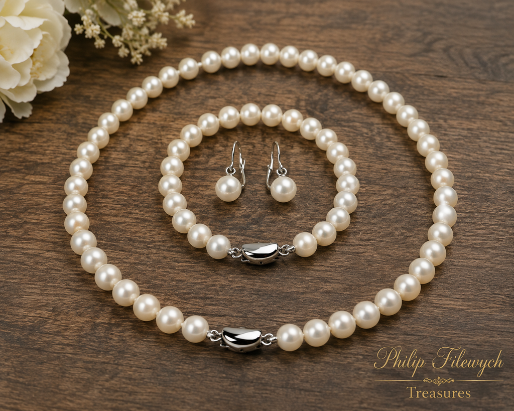 Pearl-31--White Freshwater Pearl Jewelry Set 6–7mm — 18" Necklace, 7.5–8" Bracelet & Matching Earrings