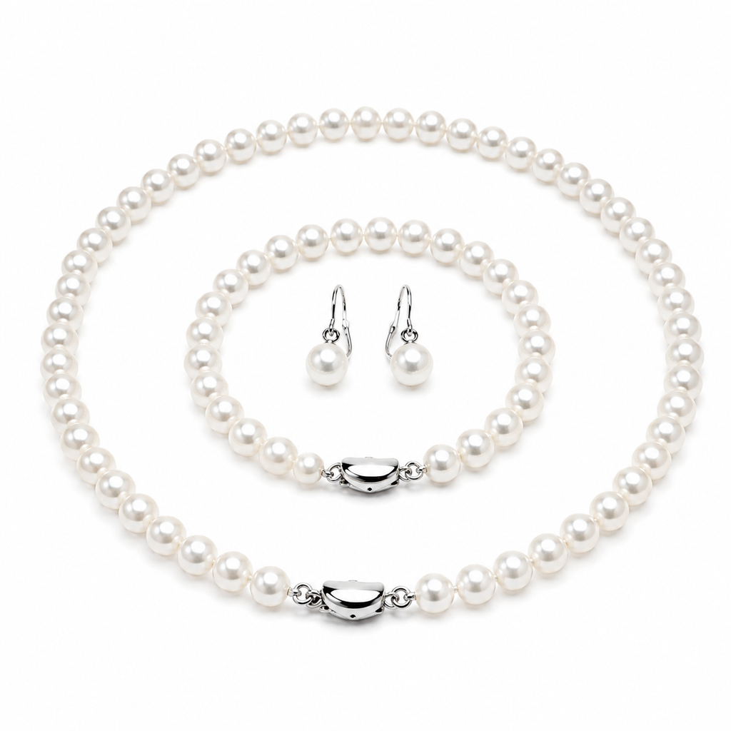 Pearl-31--White Freshwater Pearl Jewelry Set 6–7mm — 18" Necklace, 7.5–8" Bracelet & Matching Earrings