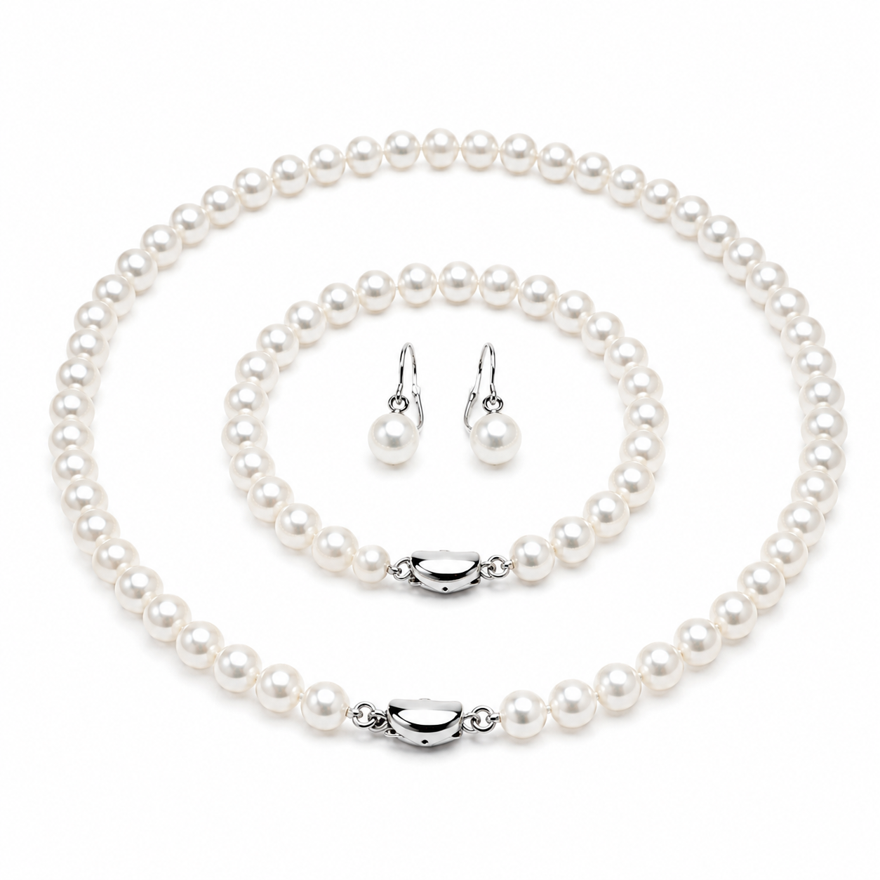 Pearl-31--White Freshwater Pearl Jewelry Set 6–7mm — 18" Necklace, 7.5–8" Bracelet & Matching Earrings