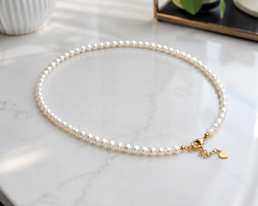 Pearl-36--White Freshwater Pearl Choker Necklace 5-6mm Baroque Pearls 34cm High Luster Pearl Necklace