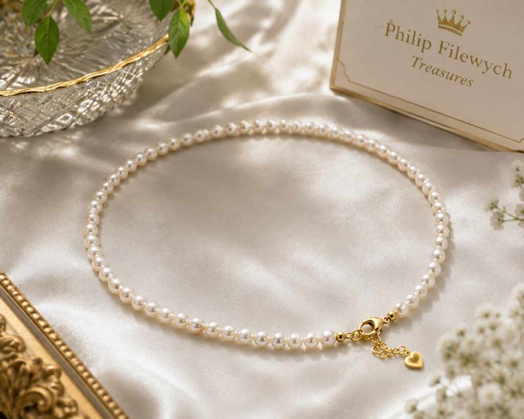 Pearl-36--White Freshwater Pearl Choker Necklace 5-6mm Baroque Pearls 34cm High Luster Pearl Necklace