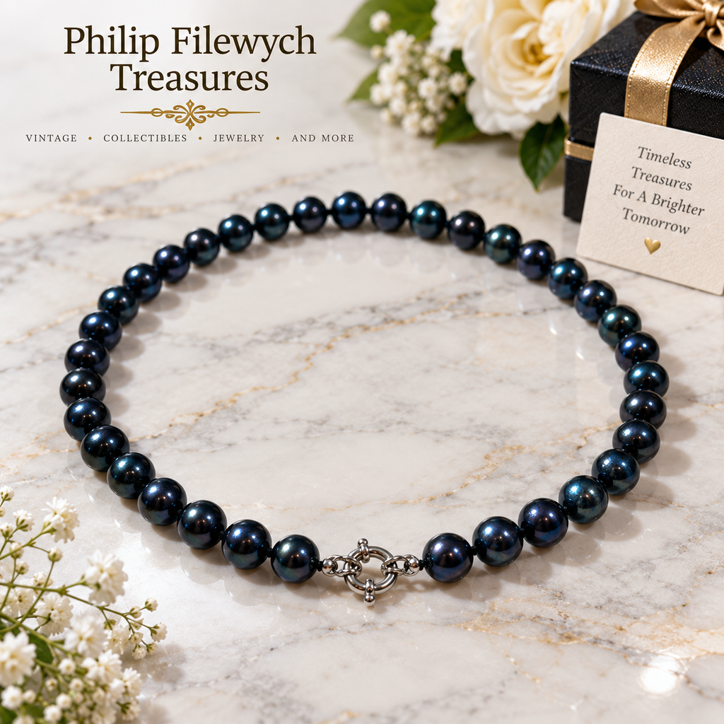 Pearl-41--Black Freshwater Pearl Necklace 7–8mm Round High-Luster Sterling Silver Clasp 35g