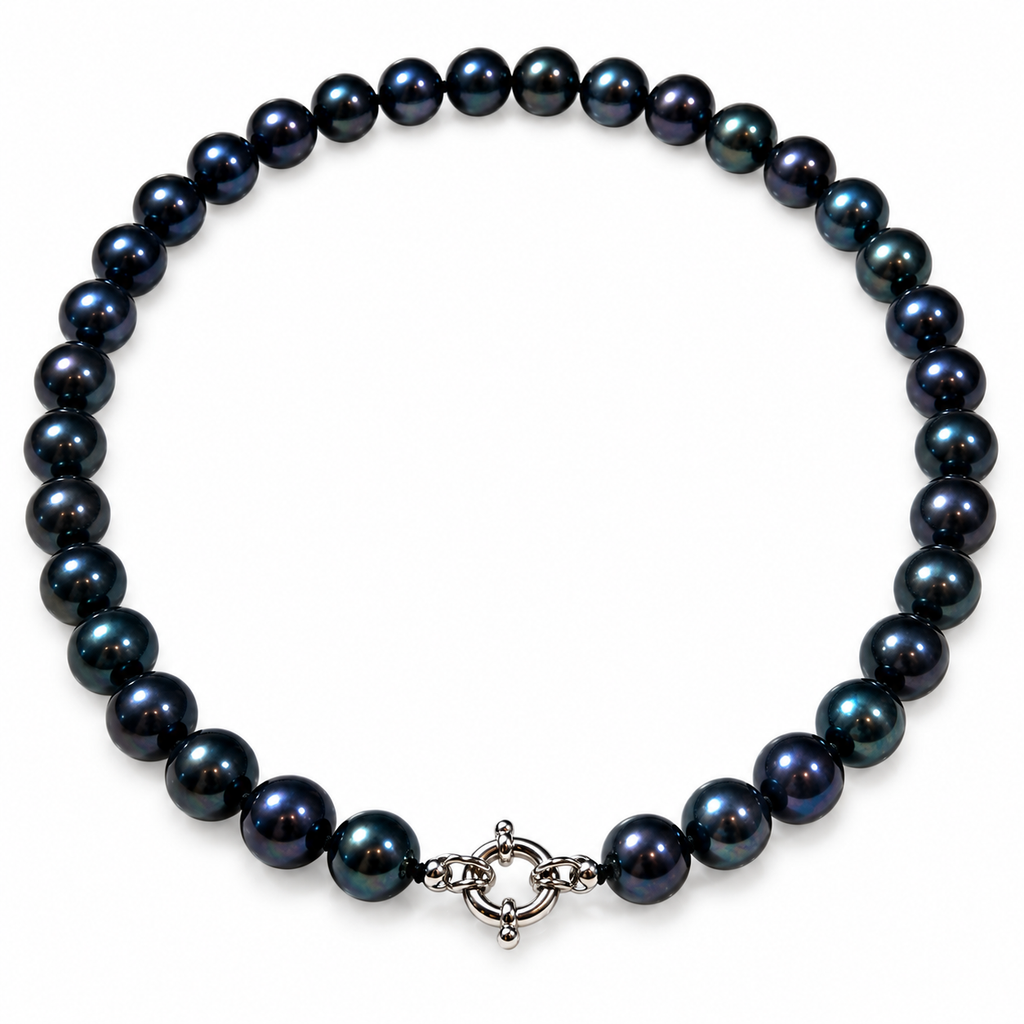 Pearl-41--Black Freshwater Pearl Necklace 7–8mm Round High-Luster Sterling Silver Clasp 35g