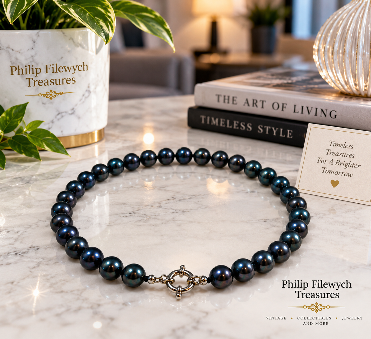 Pearl-41--Black Freshwater Pearl Necklace 7–8mm Round High-Luster Sterling Silver Clasp 35g