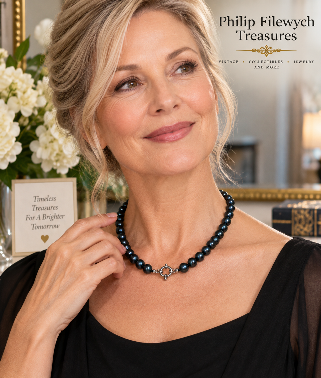 Pearl-41--Black Freshwater Pearl Necklace 7–8mm Round High-Luster Sterling Silver Clasp 35g