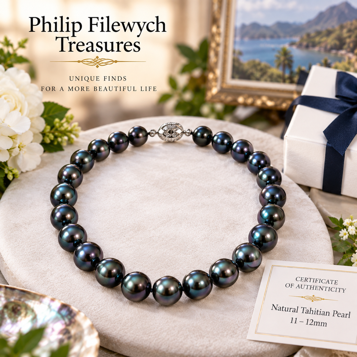Pearl-42--AAAA Tahitian Black Pearl Necklace 11-12mm 18in High Luster 925 Clasp Certificate