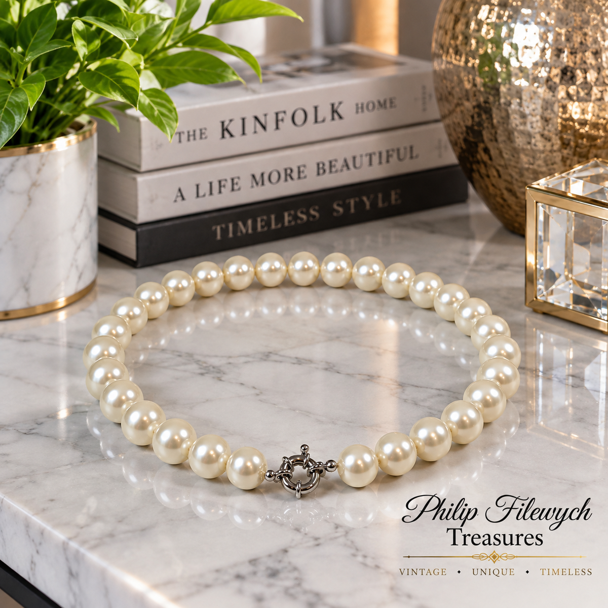 Pearl-50--Pearl Necklace 10mm 18in – White Shell Pearls – Classic Round Beaded Necklace – Silver-Tone Clasp
