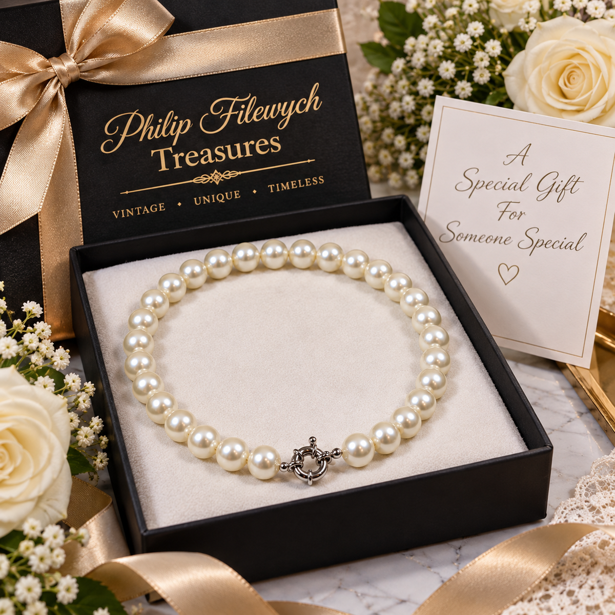 Pearl-50--Pearl Necklace 10mm 18in – White Shell Pearls – Classic Round Beaded Necklace – Silver-Tone Clasp