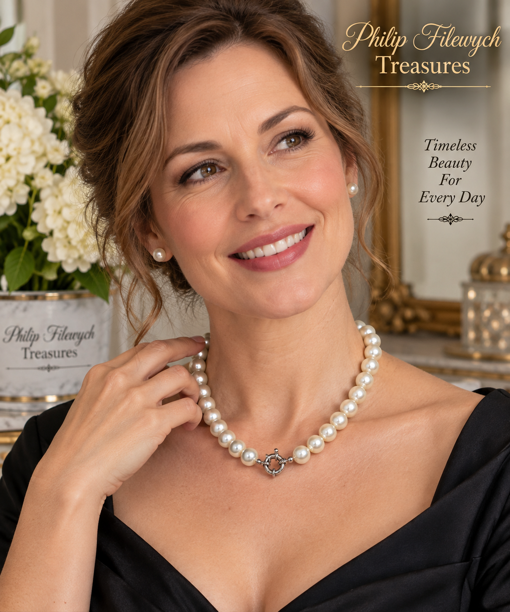 Pearl-50--Pearl Necklace 10mm 18in – White Shell Pearls – Classic Round Beaded Necklace – Silver-Tone Clasp