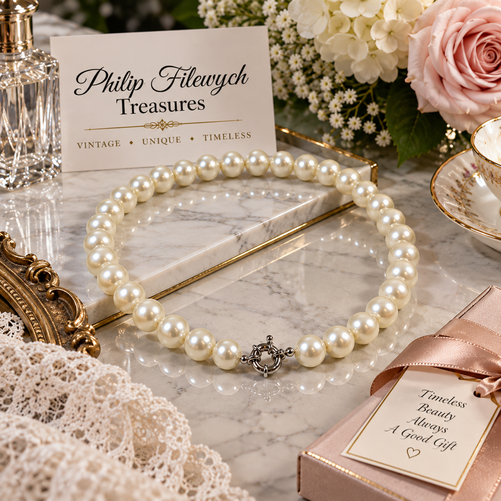 Pearl-50--Pearl Necklace 10mm 18in – White Shell Pearls – Classic Round Beaded Necklace – Silver-Tone Clasp