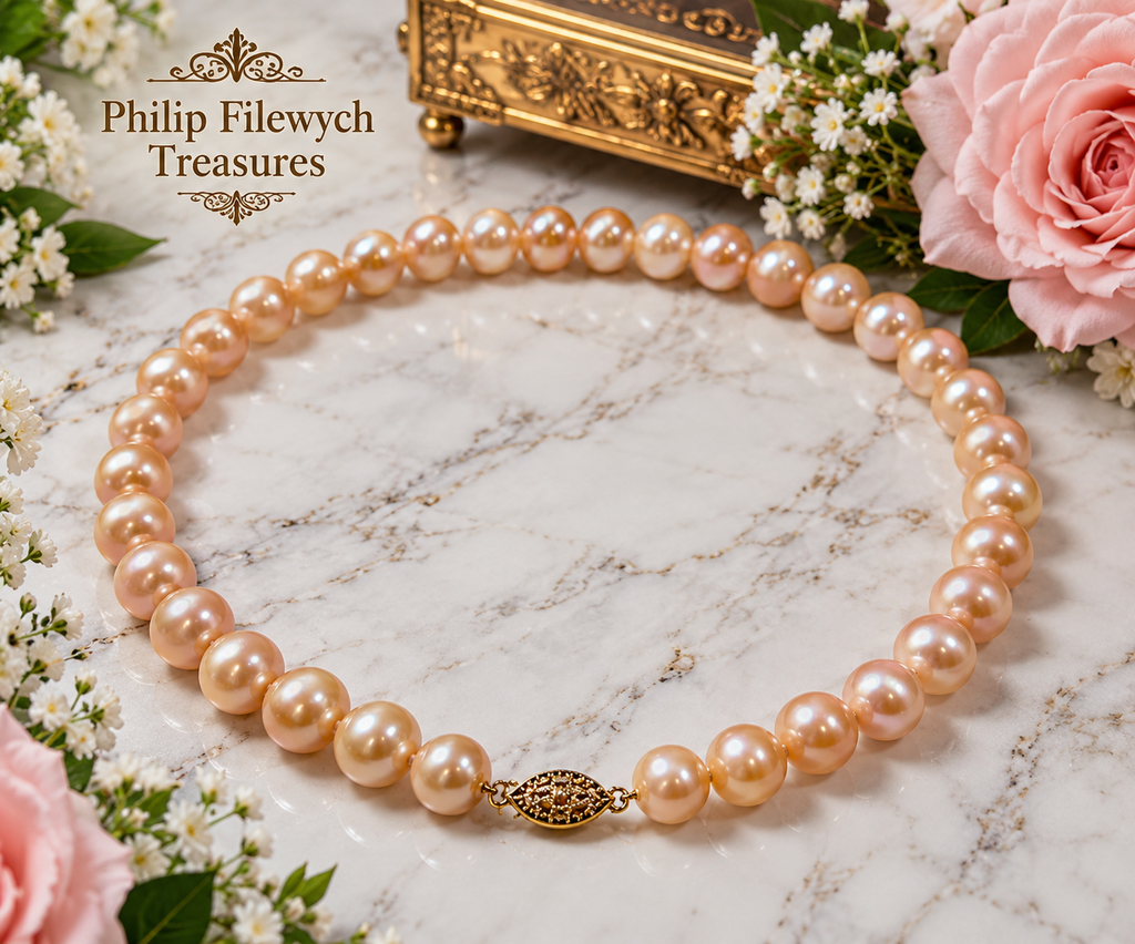 Pearl-51 AAAA Akoya pink pearl necklace 10-11mm round pearls 18-inch gold-tone clasp