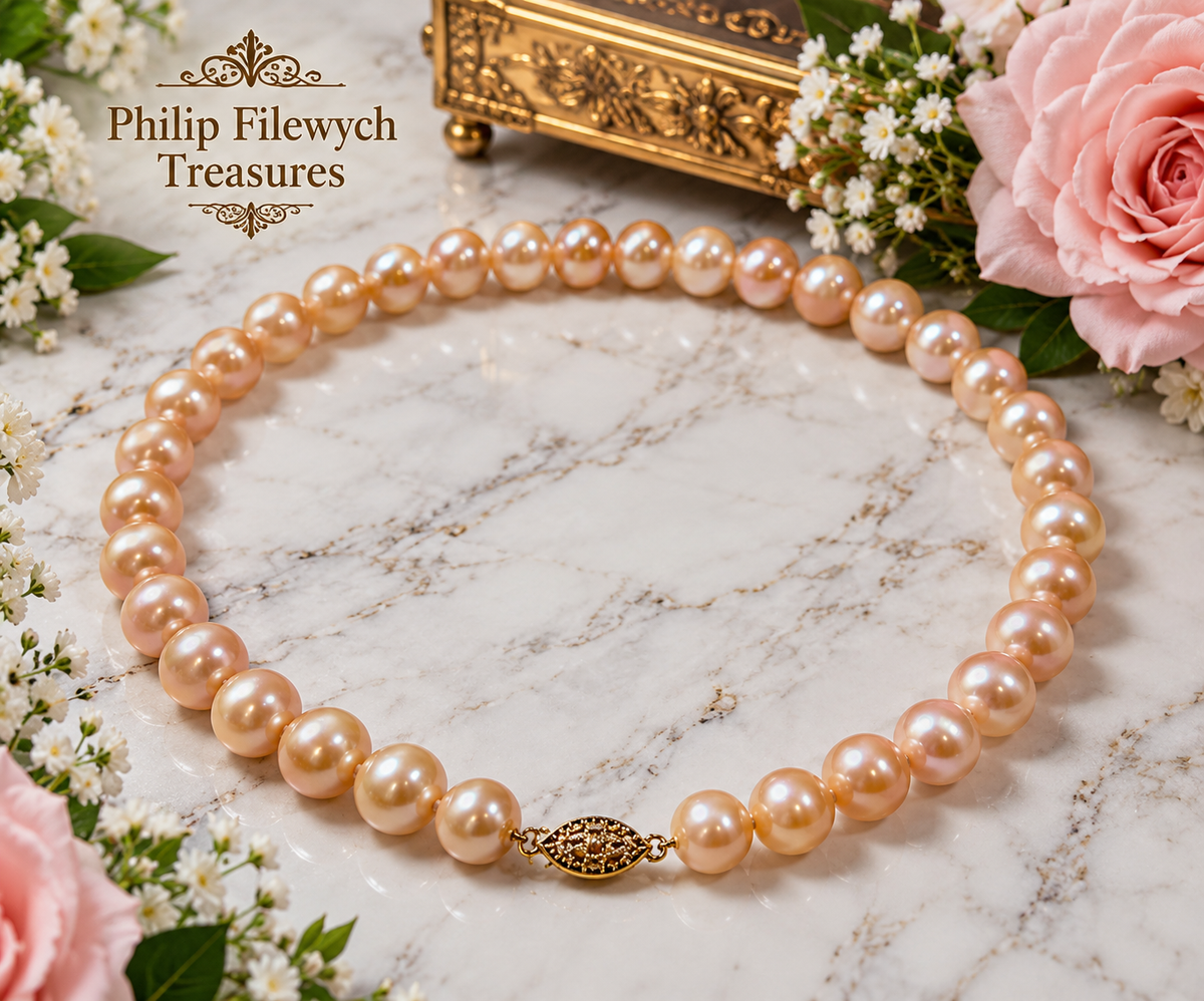 Pearl-51 AAAA Akoya pink pearl necklace 10-11mm round pearls 18-inch gold-tone clasp