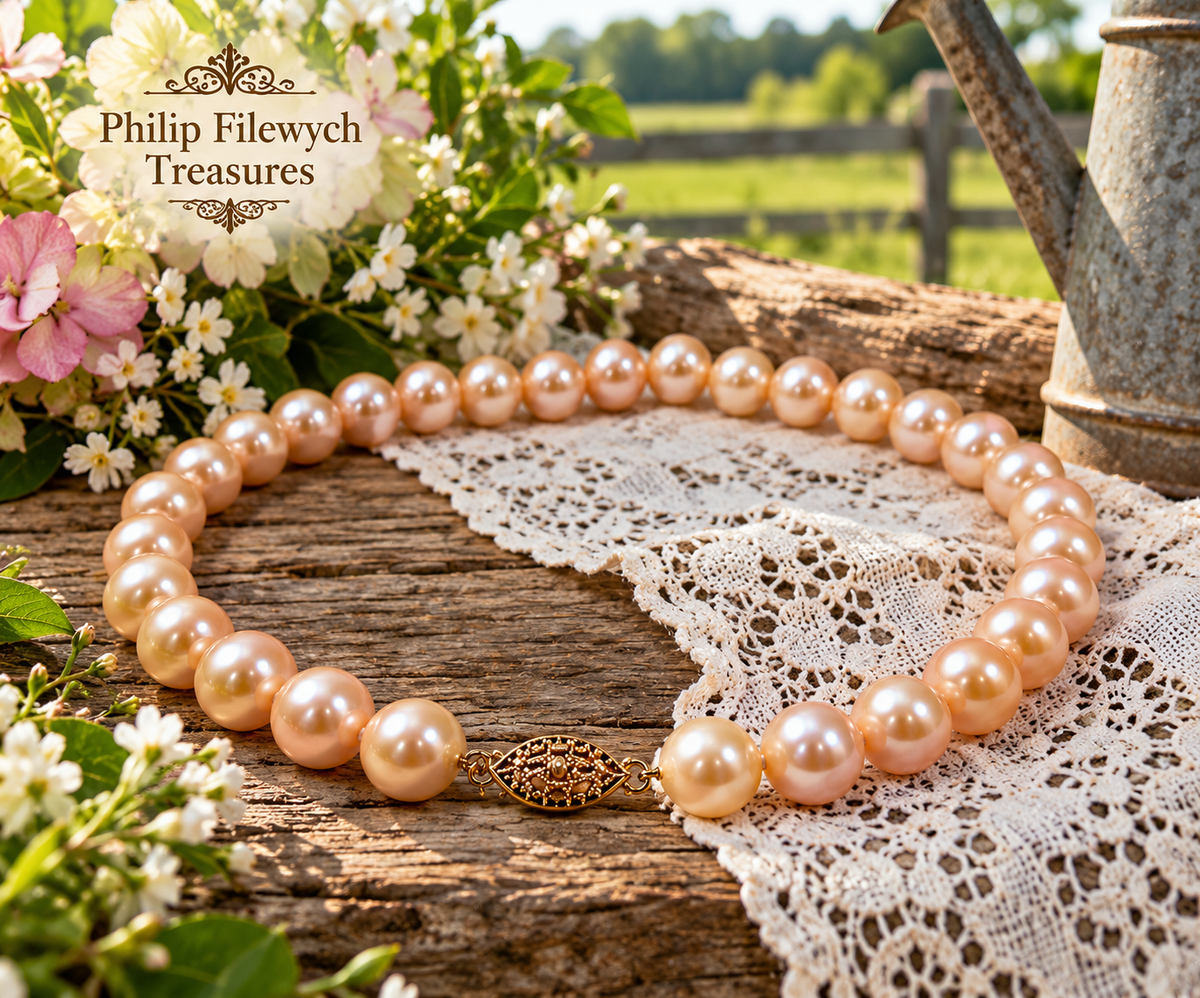 Pearl-51 Akoya pink pearl necklace displayed in elegant farm setting