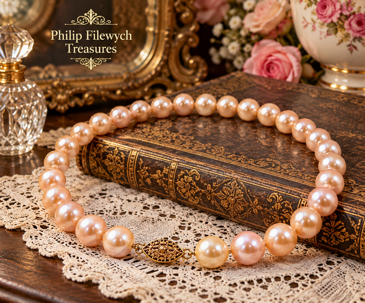 Pearl-51 Akoya pink pearl necklace in vintage jewelry setting