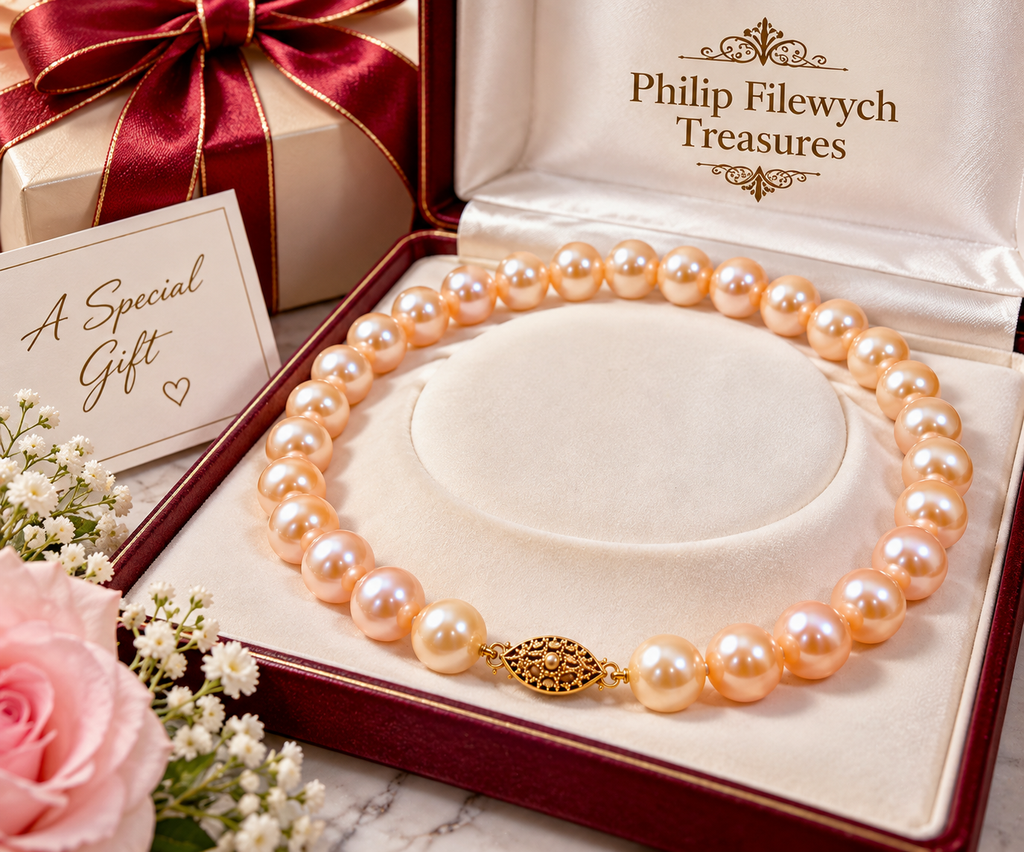 Pearl-51 Akoya pink pearl necklace presented as an elegant gift