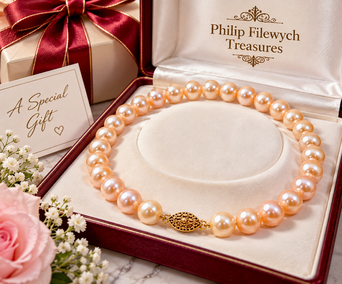 Pearl-51 Akoya pink pearl necklace presented as an elegant gift