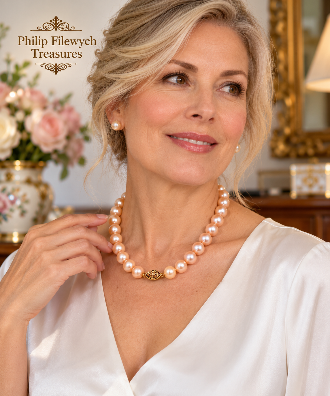 Pearl-51 Akoya pink pearl necklace worn by woman
