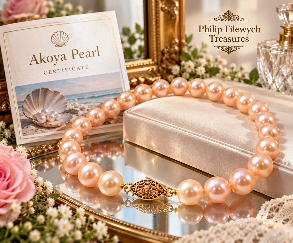 Pearl-51 Akoya pink pearl necklace with clasp and Philip Filewych Treasures branding