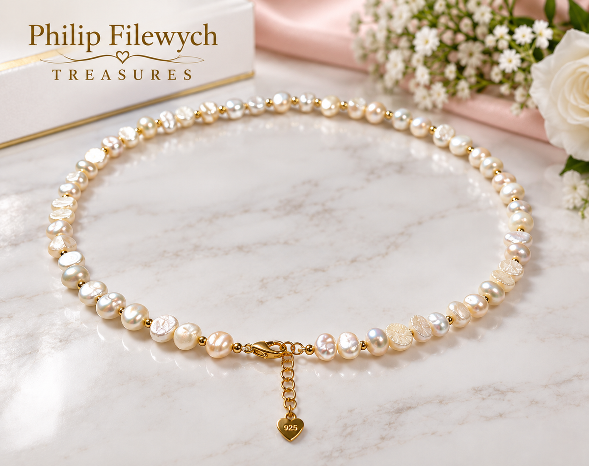 Pearl-52--7–8mm Freshwater Pearl Necklace 18" White Pink Pearls 925 Gold-Tone Clasp Women