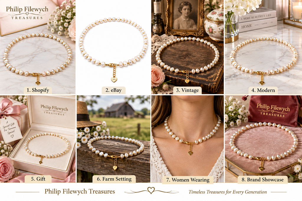 Pearl-52--7–8mm Freshwater Pearl Necklace 18" White Pink Pearls 925 Gold-Tone Clasp Women