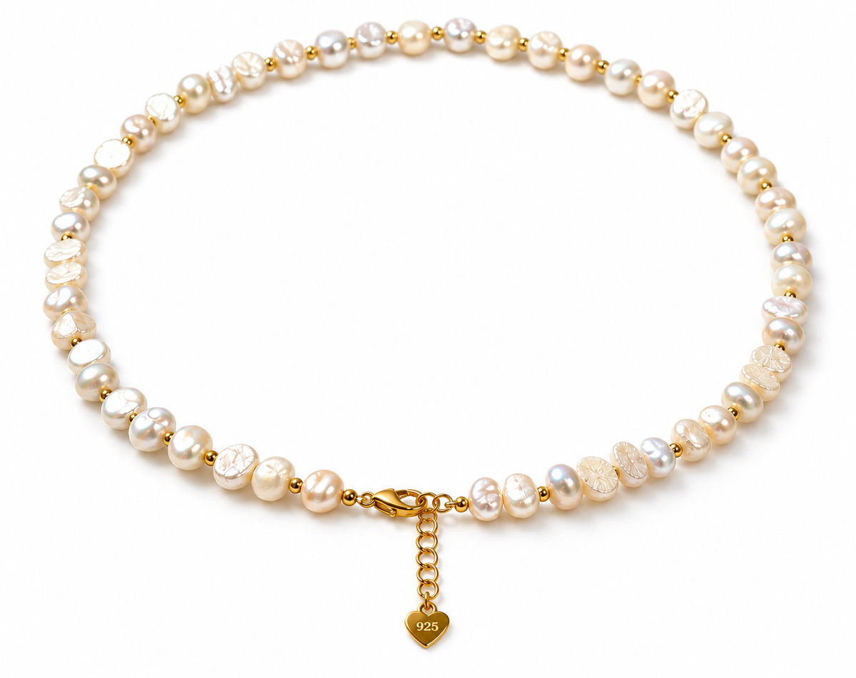 Pearl-52--7–8mm Freshwater Pearl Necklace 18" White Pink Pearls 925 Gold-Tone Clasp Women