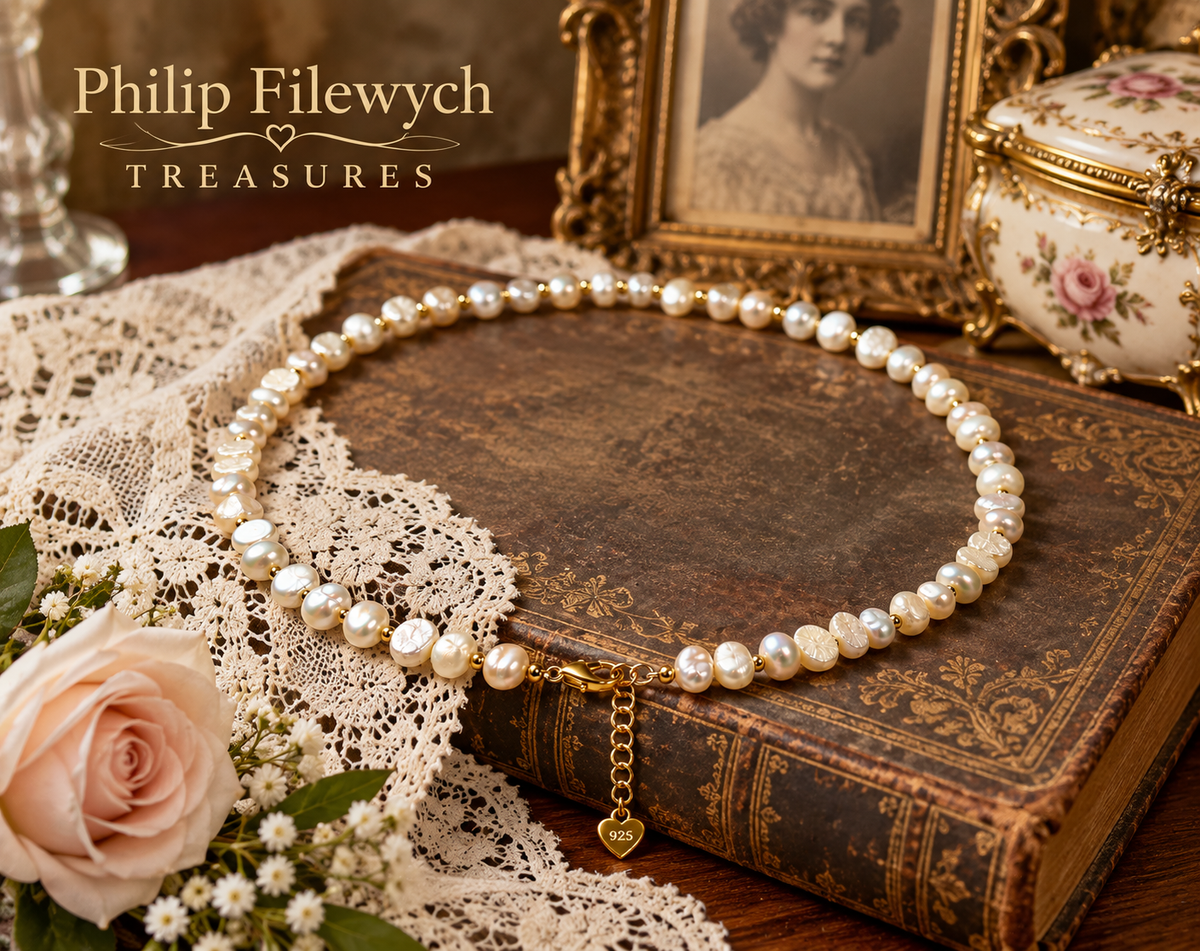 Pearl-52--7–8mm Freshwater Pearl Necklace 18" White Pink Pearls 925 Gold-Tone Clasp Women