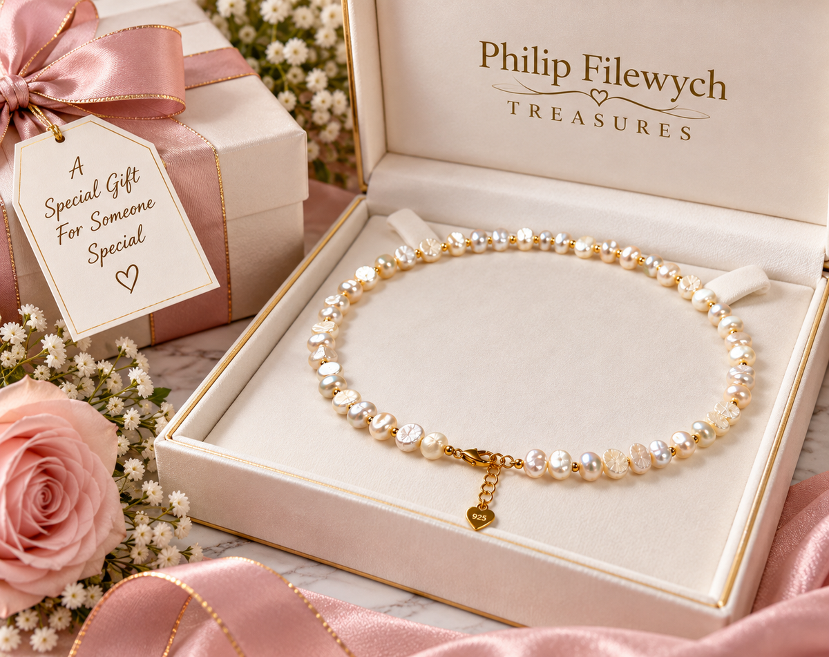 Pearl-52--7–8mm Freshwater Pearl Necklace 18" White Pink Pearls 925 Gold-Tone Clasp Women