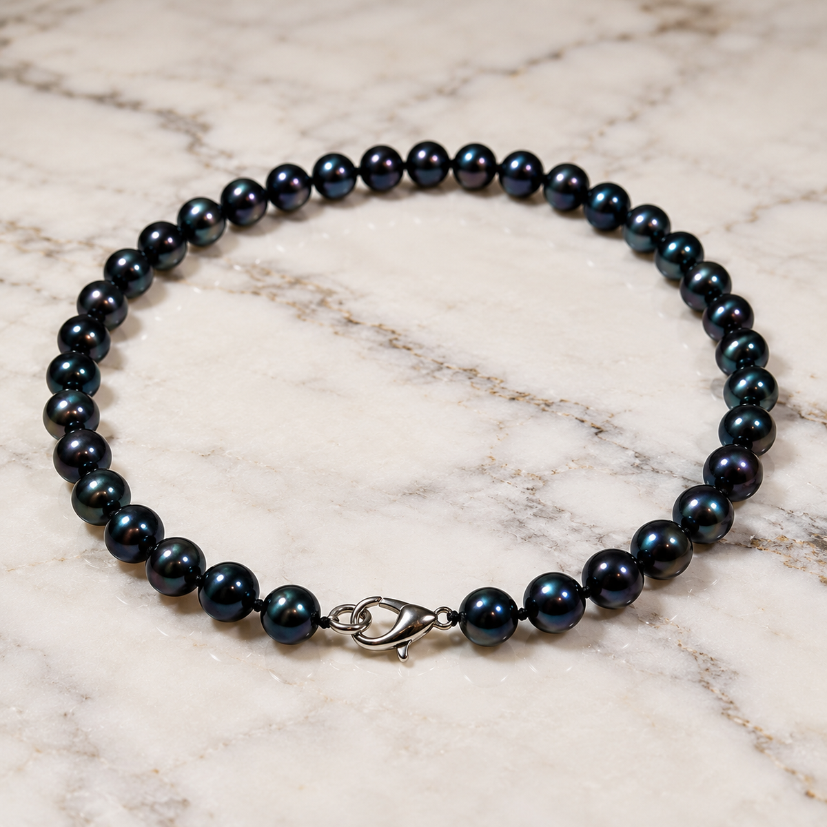 Pearl-53--7–8mm Black Pearl Necklace 17" — Round Cultured Pearls, 33g, Lobster Clasp