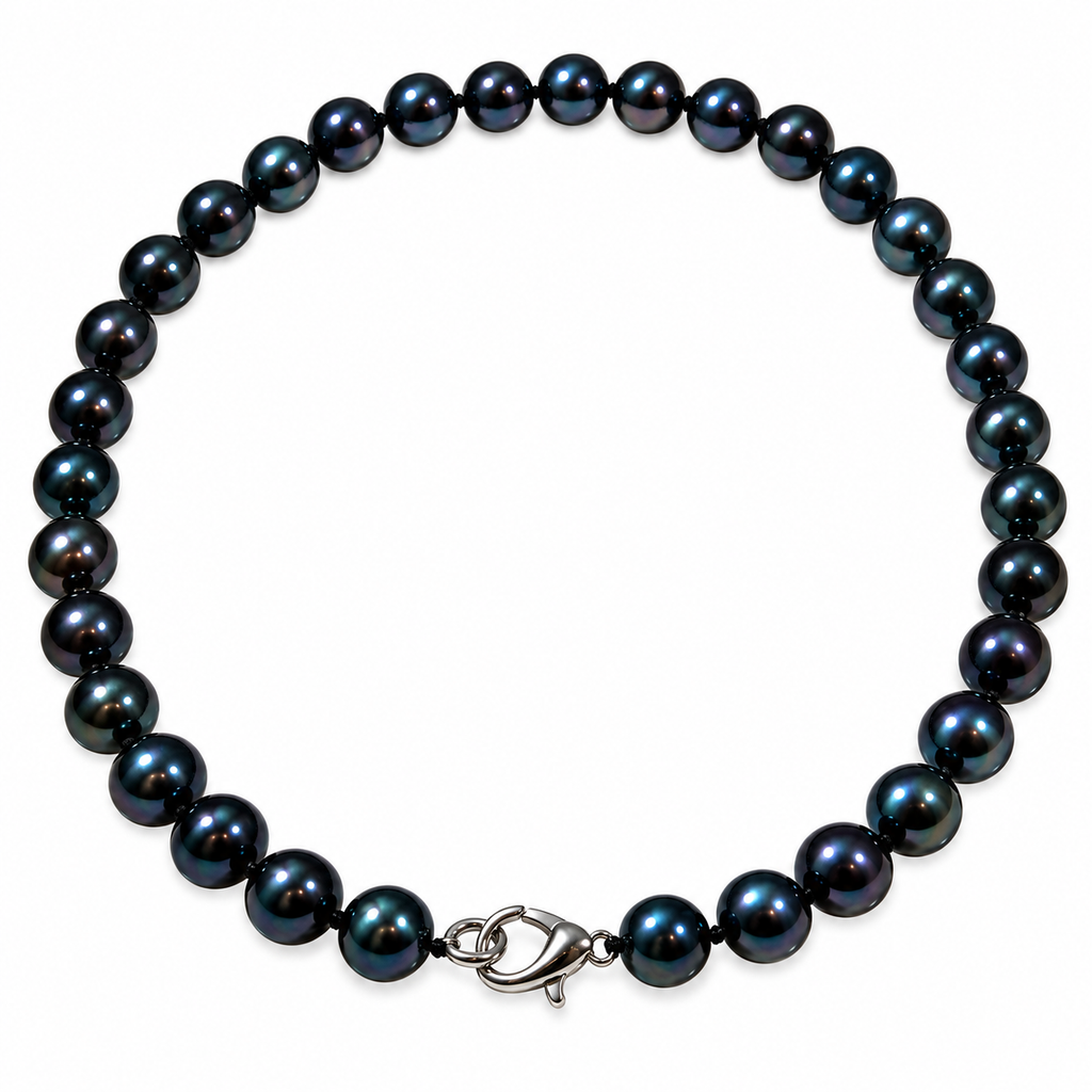 Pearl-53--7–8mm Black Pearl Necklace 17" — Round Cultured Pearls, 33g, Lobster Clasp
