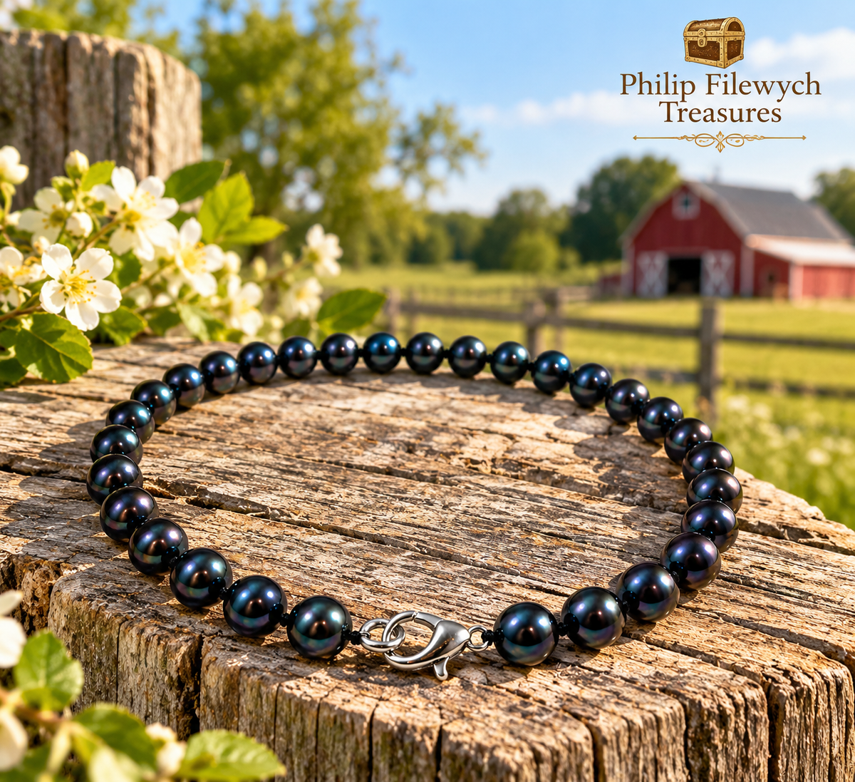 Pearl-53 black pearl necklace displayed in farm setting