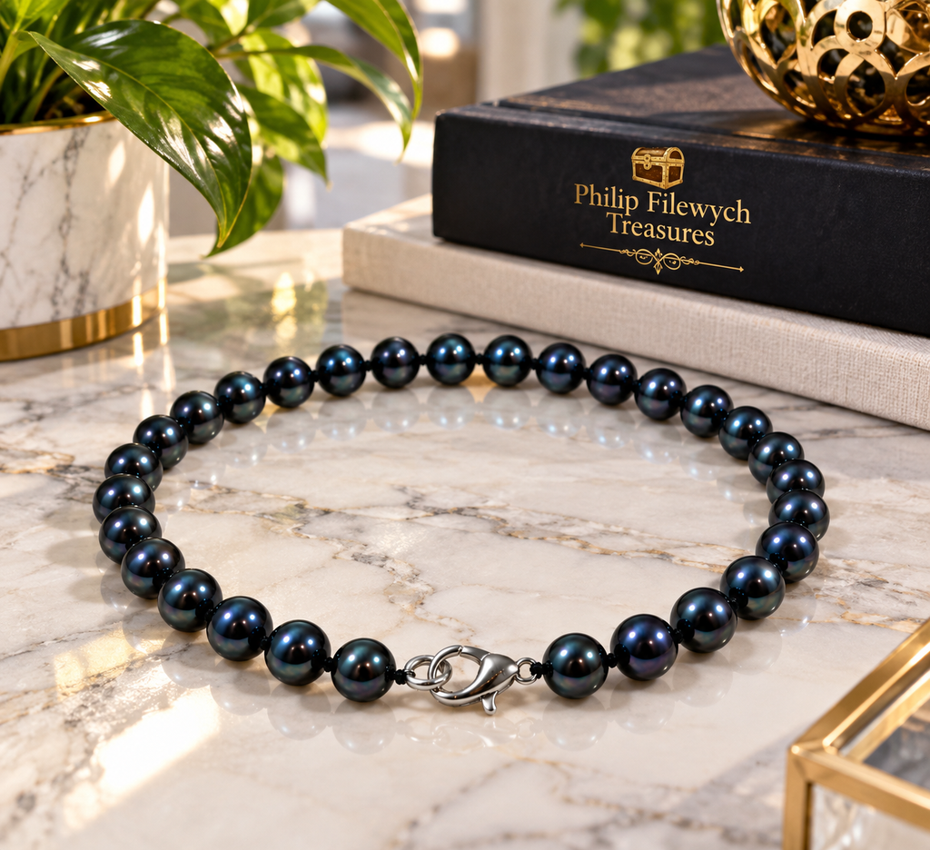 Pearl-53--7–8mm Black Pearl Necklace 17" — Round Cultured Pearls, 33g, Lobster Clasp