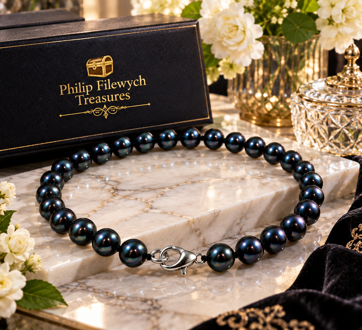 Pearl-53--7–8mm Black Pearl Necklace 17" — Round Cultured Pearls, 33g, Lobster Clasp