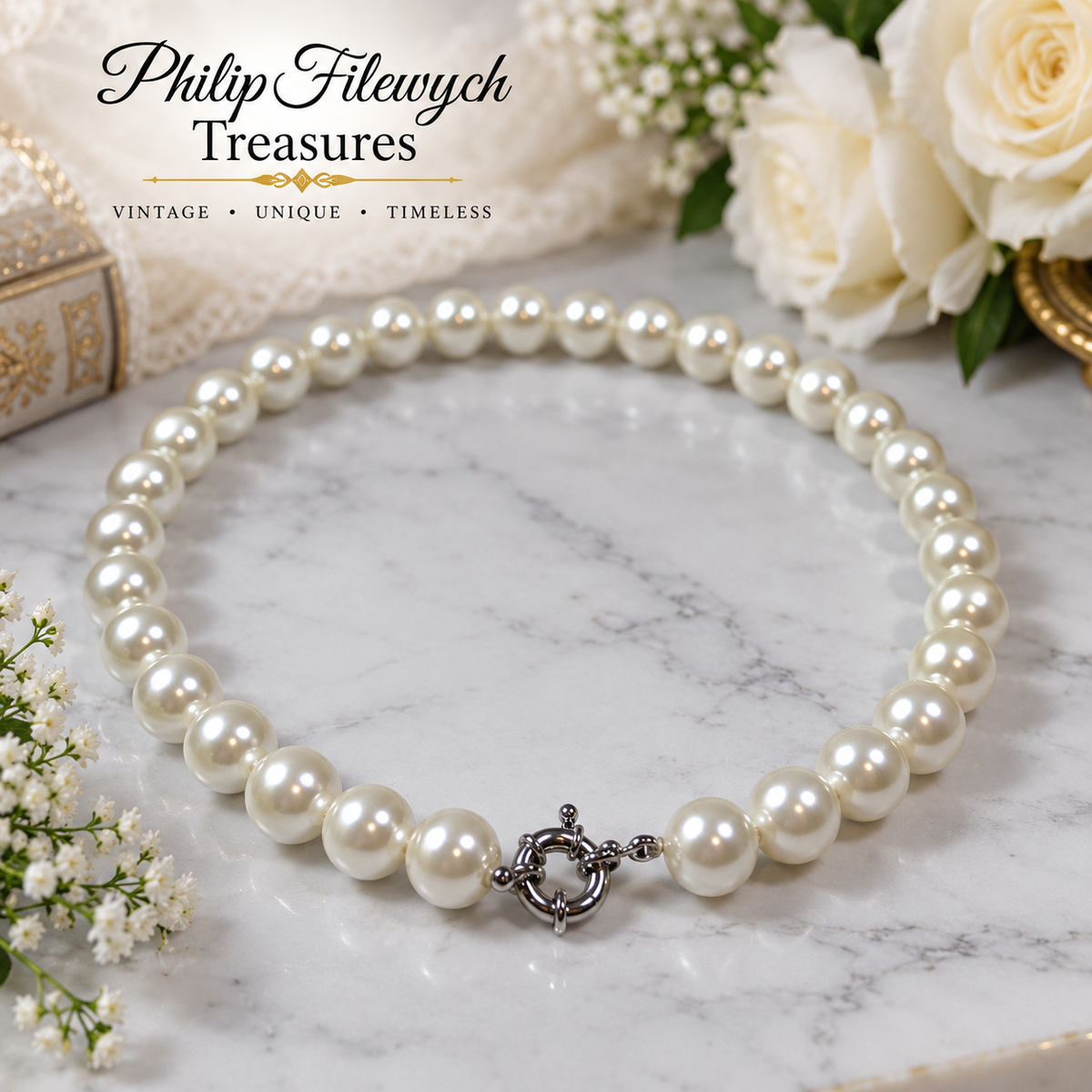 Pearl-50--Pearl Necklace 10mm 18in – White Shell Pearls – Classic Round Beaded Necklace – Silver-Tone Clasp