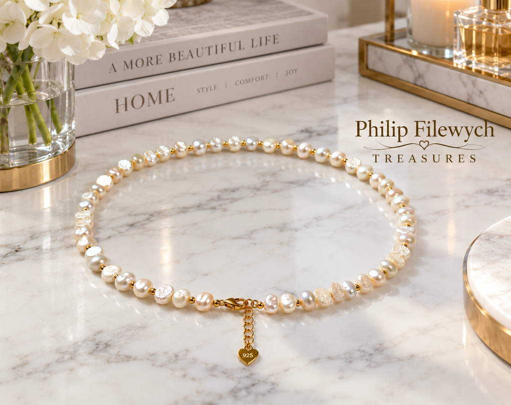 Pearl-52--7–8mm Freshwater Pearl Necklace 18" White Pink Pearls 925 Gold-Tone Clasp Women
