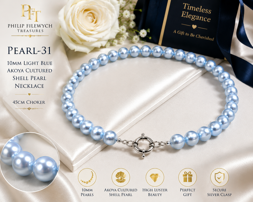 Pearl-31--10mm Light Blue Akoya Cultured Shell Pearl Necklace