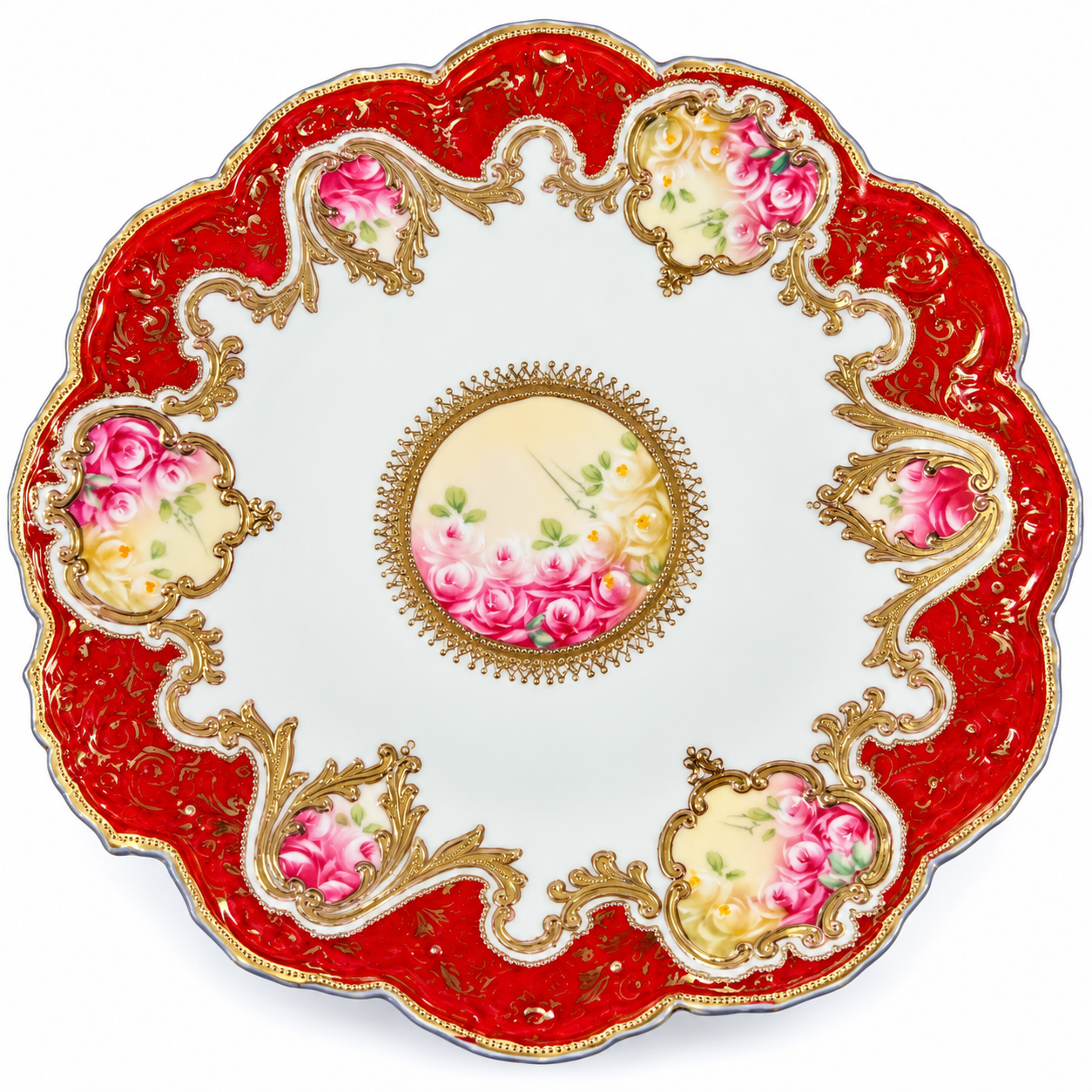 Plate-05--Antique French Hand-Painted Porcelain Plate Fuchsia Roses Red Gold Gilt Made in France c.1900