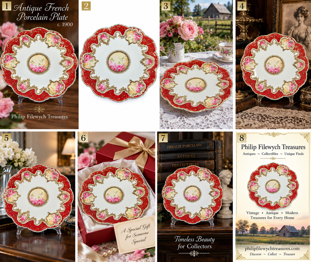 Plate-05--Antique French Hand-Painted Porcelain Plate Fuchsia Roses Red Gold Gilt Made in France c.1900