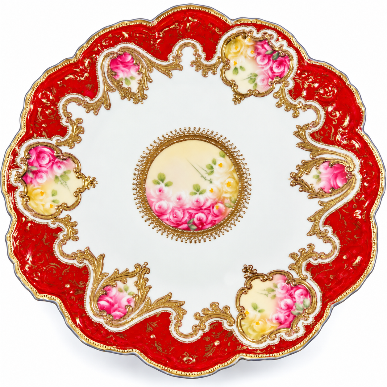 Plate-05--Antique French Hand-Painted Porcelain Plate Fuchsia Roses Red Gold Gilt Made in France c.1900