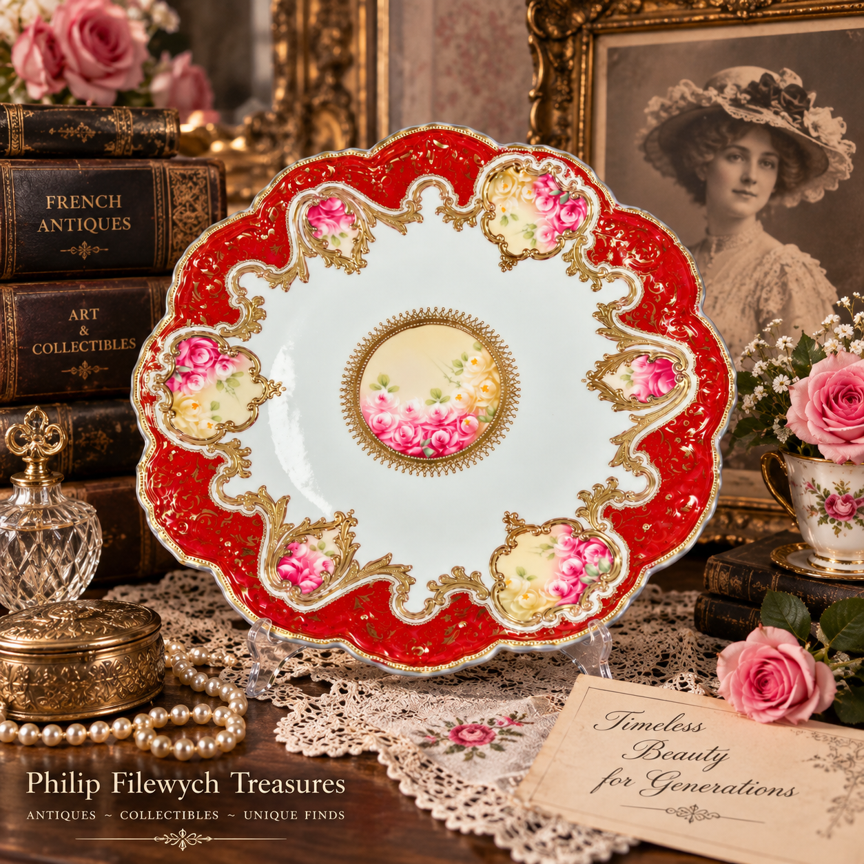 Plate-05--Antique French Hand-Painted Porcelain Plate Fuchsia Roses Red Gold Gilt Made in France c.1900