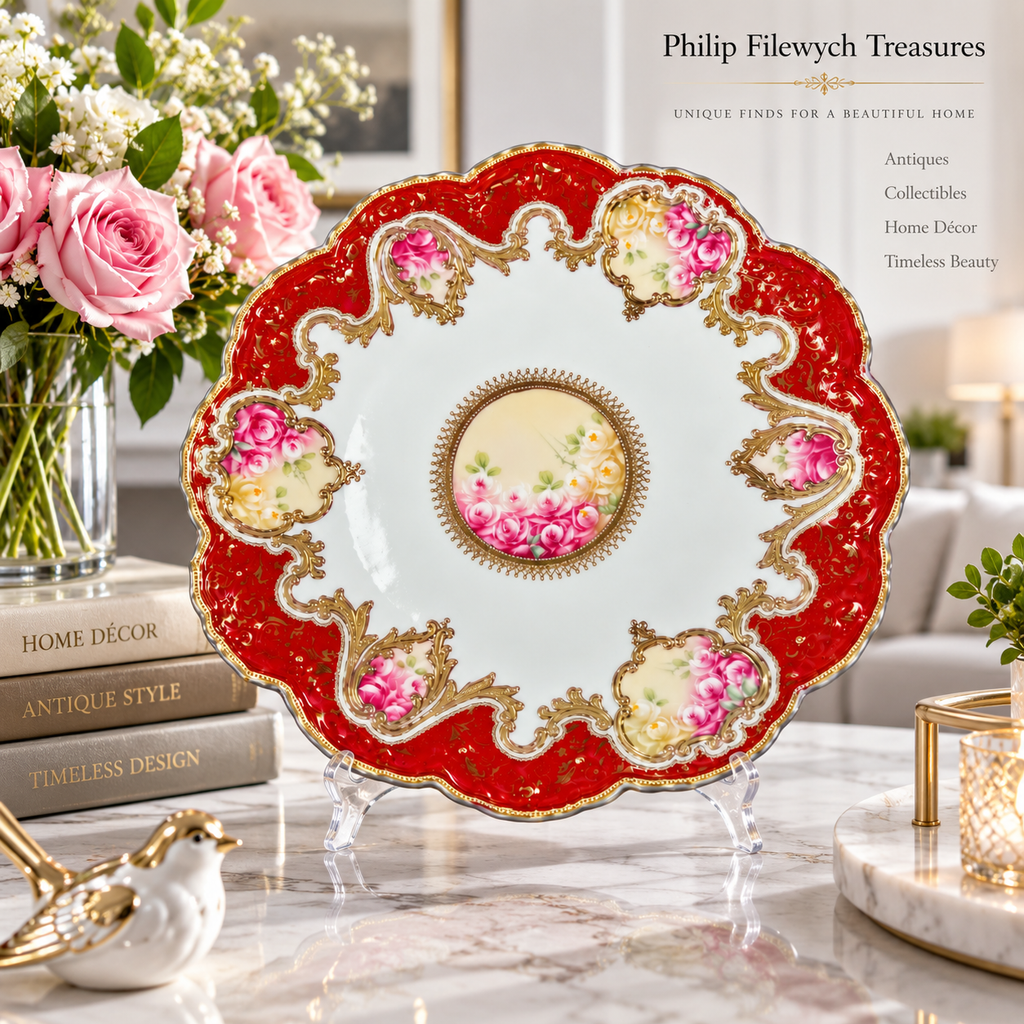 Plate-05--Antique French Hand-Painted Porcelain Plate Fuchsia Roses Red Gold Gilt Made in France c.1900